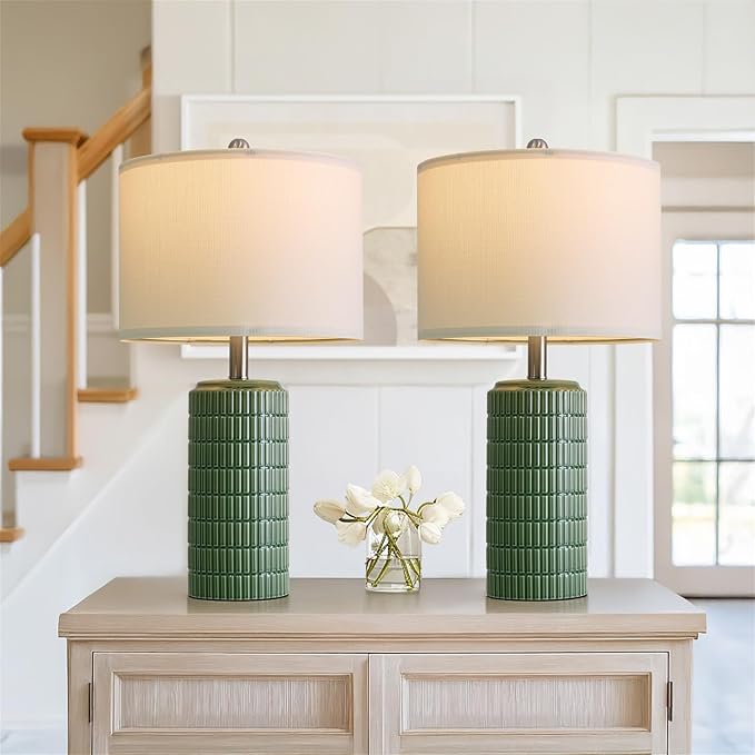 PoKat 23" Dark Green Ceramic Table Lamps Set of 2, Modern Table Lamps for Living Room, Farmhouse Lamps for Bedroom Night Stands, Traditional Nightstand Desk Decor Lamps - Bloomnest