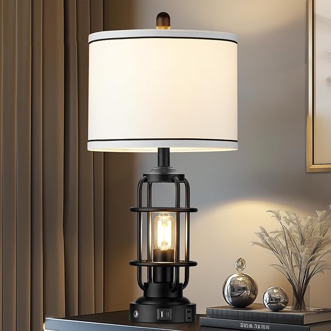 26" Modern Lamp for Living Room, Industrial 3-Way Dimmable Beside Table Lamp with USB A+C Charging Ports & AC Outlet, Touch Control Beside Lamp LED Night Light for Bedroom Single(2 Bulbs Included) - Bloomnest