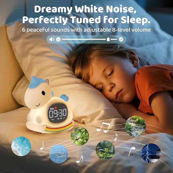 Alarm Clock with Night Light for Kids with Sleep Training and Sound Machine, Rechargeable Silicone Lamp OK to Wake Clock，Cute Animal Tabletop Lamp, Perfect Sleep Companion for Boys Girls，Blue Pony - Bloomnest