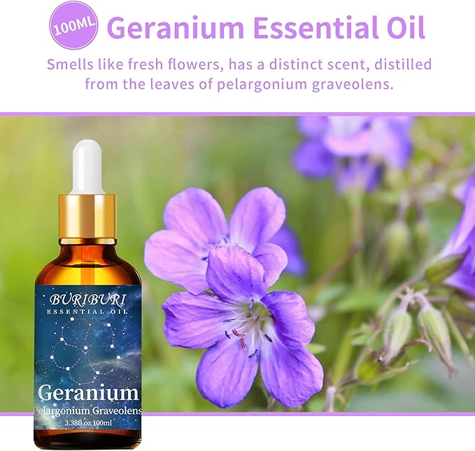 BURIBURI 100ML Geranium Essential Oil, 100% Pure Undiluted Aromatherapy Geranium Oil 3.38fl.oz for Soap, Candle Making, Massage, Diffuser, Humidifier BURIBURI