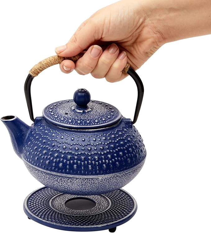 Juvale Cast Iron Teapot with Infuser - Blue, 27 oz (800 mL) - Stovetop Tea Kettle for Loose Leaf Tea - Includes Stainless Steel Infuser & Trivet - Bloomnest