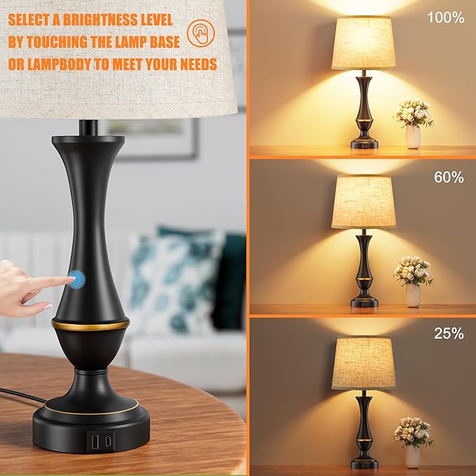 Seealle Upgraded Touch Lamps for Night Stands Set of 2 - Bedside Lamps with USB C+A, 3 Way Dimmable for Bedroom Living Room End Tables Office - Bloomnest