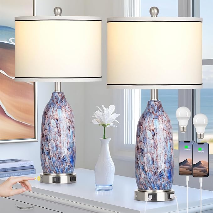 Coastal Lamps with USB A+C Ports & LED Night Light, Unique Seashells Glass Table Lamps with Natural Fabric Shade, Modern Touch Control Beach Bedside Lamp for Living Room Bedroom Nightstand Navy Blue - Bloomnest