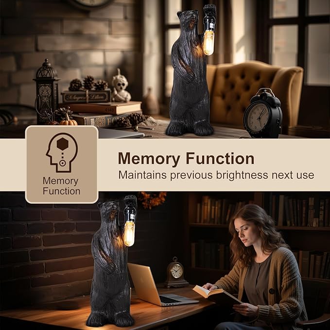 Scenekoy Bear Table Lamp for Living Room Bedroom, Memory Function, 3 Way Cycling Dimming, Resin Gothic Style Bedside Nightstand Lamps, Rustic Night Light Home Room Decor (Bulb Included) - Bloomnest
