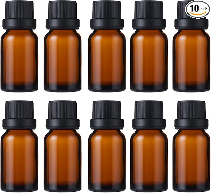 10Packs 10ml Amber Glass Essential Oil Bottles Refillable Dropper Vials with Black Caps and Orifice Reducer Empty Sample Containers for Essential Oils, Perfume, Aromatherapy, DIY Crafts