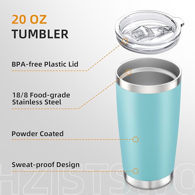 20 oz Tumbler Bulk with Lid Stainless Steel Insulated Tumblers Double Wall Vacuum Coffee Mug Powder Coated Tumbler Cups for Cold and Hot Drinks, Sky Blue, 6 pack - Bloomnest