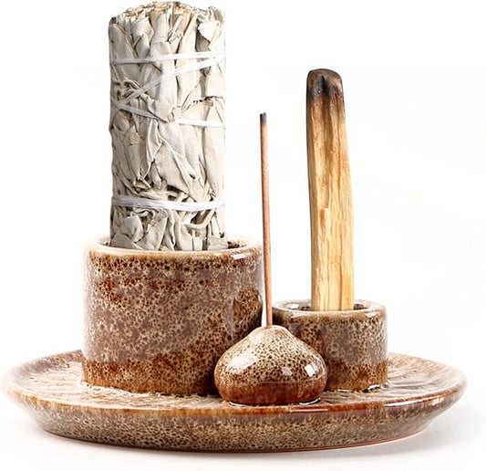 4 in 1 Ceramic Incense Holder, Palo Santo Stick Holder, Sage Holder for Burning, 5.2" Ash Catcher Tray for Meditation, Yoga & Home Decor (Brown)