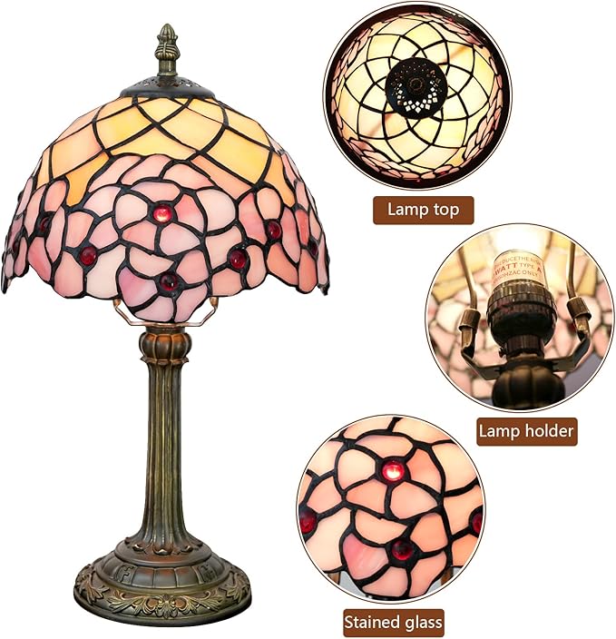 Tiffany Lamp Stained Glass Table Lamp 8X8X14 Inches Desk Reading Light Decor Beside Bedroom Living Room Home (H-1055- Cherry Blossom) - Bloomnest