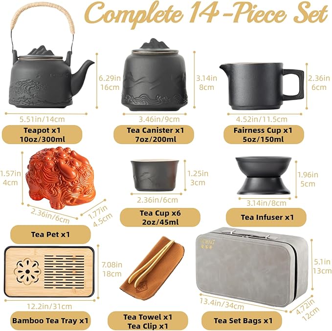 ICHAG Chinese Tea Set, Japanese Tea Sets for Adults, 15-Piece Porcelain Gongfu Tea Set with Tea Pet & Tea Tray, Japanese Teapot Set, Travel Tea Party Set, for Home/Office/Outdoor/Gifts (Black) - Bloomnest