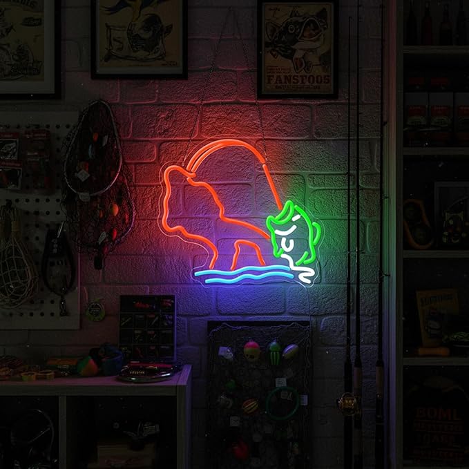 Fishing Neon Sign,Neon fish Sign,Neon Signs for Wall Decor,LED Light Up Man Cave Sign with Fish Rod Graphic,Cool Gifts for Fishermen,Bar,Cabin,Rustic Lake House,USB Powered Neon Light - Bloomnest