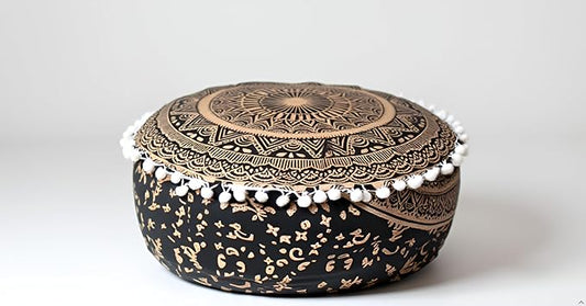 INDIAN CRAFT CASTLE ICC Mandala Barmeri Large Floor Pillow Cover Cushion Meditation Seating Ottoman Throw Cover Hippie Decorative Zipped Bohemian Pouf Ottoman Cases Black Gold, 18" Round - Bloomnest