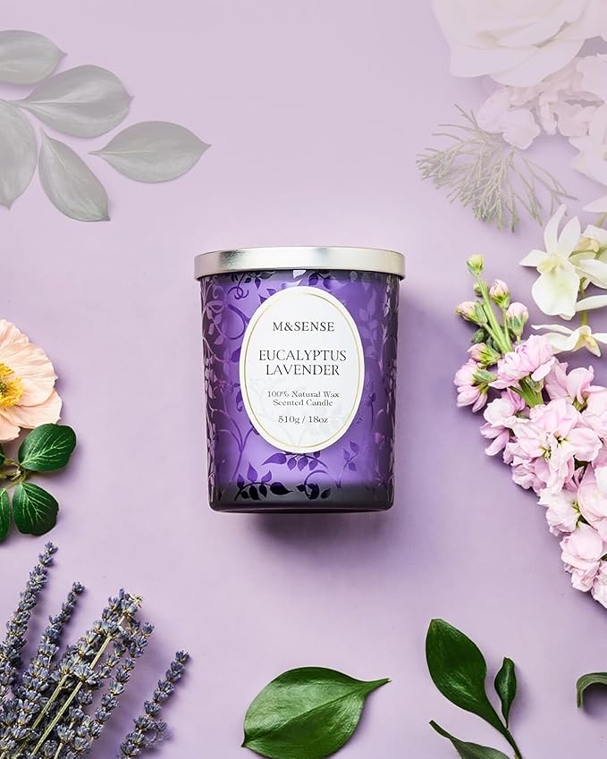 M&SENSE Eucalyptus Lavender Scented Candle, Cracking Wooden Wick Soy Wax, 18oz 100 Hours Long Lasting Clean Burn, Large Jar Candles for Home Decor, Non-Toxic Relaxing Aromatherapy Gifts for Women - Bloomnest