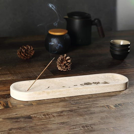 Koville Travertine Incense Holder, Incense Holder for Sticks, Long Incense Sticks Holder Ash Catcher for Meditation Yoga SPA, Natural Stone Incense Burner, Home Table Decor(Beige)