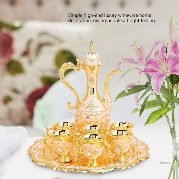 Vintage Turkish Coffee Pot Set, Turkish Tea Set with 6 Coffee Cups, Golden Wine Decanter and Glasses Set, Turkish Copper Coffee Cup Set for Home Tea Party(Pink) Tea - Bloomnest