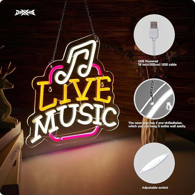Live Music Neon Sign LED Wall Art for Bedroom, Bar, Studio – USB Powered, Dimmable, Energy-Efficient(12.6x12.6 Inch) - Bloomnest