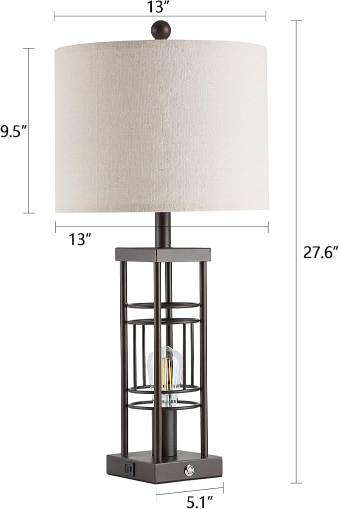Table Lamp for Living Room Set of 2 with USB Charging Ports, 3-Way Dimmable 27.6" Farmhouse End Lamps for Bedroom, Industrial Nightstand Lamps,Bulbs Included(Oil-Rubbed Bronze) - Bloomnest