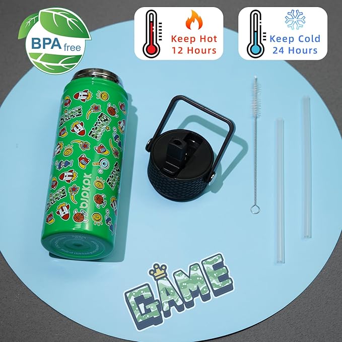 BJPKPK Insulated Water Bottle with Straw Lid, 18 oz Stainless Steel Metal Water Bottles, Reusable Leak Proof BPA Free Water Bottles, Cups, Thermo, Game - Bloomnest