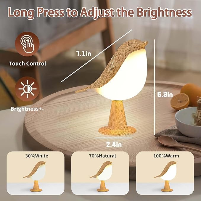 Desk Lamp, Bird-Shaped Bedside Lamp with Triple Color Temperature and Touch Sensor,Cordless Kid's NightLight with Rechargeable Battery-ldeal for Bedroom Nightstands (Yellow) - Bloomnest