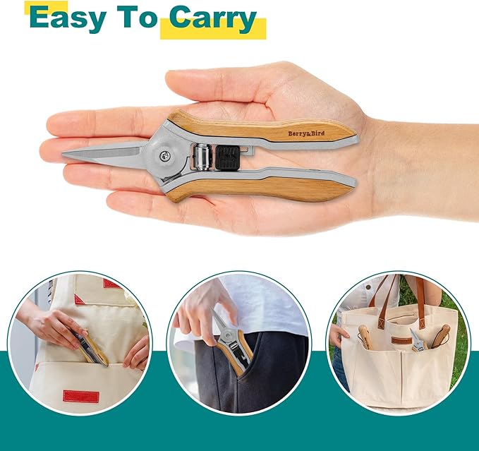 Berry&Bird Mini Pruning Shears for Gardening Straight Blades Hand Pruners with Wooden Handle Garden Scissors Snips Stainless Steel Trimming Small Clippers Bonsai Compact Size Shearing Tool - Bloomnest