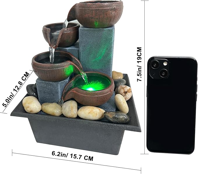 Small Indoor Relaxation Tabletop Fountain, Zen Meditation Waterfall Feature with Color LED Light & Natural Rocks, 4 Level Desk Waterfall for Home Office Bedroom Living Room Decoration (Style 1) - Bloomnest