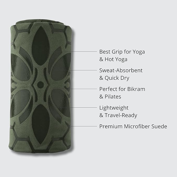 Clever Yoga Hot Yoga Mat Towel – Non-Slip Grip for Hot Yoga, Sweat Absorbent, Honeycomb Silicone Grip, Stays Flat – Ideal for Pilates, Travel, Washable & Lightweight - Olive