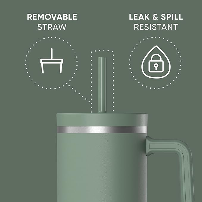 Hydrapeak Voyager 40 Oz Stainless Steel Tumbler with Handle, Insulated Water Bottle With Straw & Lid, Cupholder Friendly Reusable Travel Mug (Sage Leaf) - Bloomnest