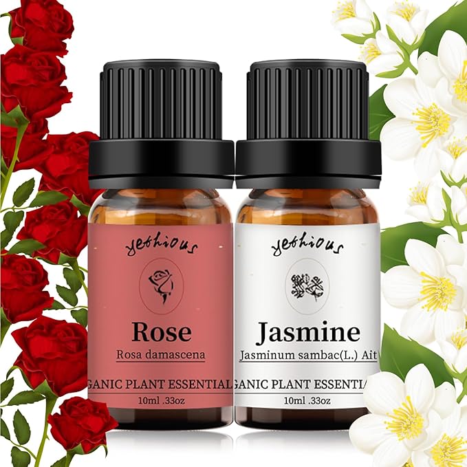 yethious Rose Essential Oil Jasmine Essential Oil for Diffuser, Hair, Skin, Body, Face, Perfume, Soap, Candle Making Rose Fragrance Oil Set Jasmine Oil Organic 2 X 10ML - Bloomnest