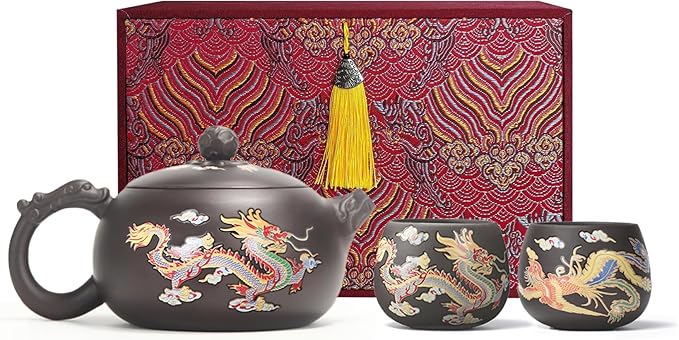 Hand-made Dragon and Phoenix Color-changing Purple Clay Magic Teapot -18oz Large Zisha Tea Pot Chinese Gong Fu Tea Set Tea Lover‘s Gift (Teapot+2Cups) - Bloomnest