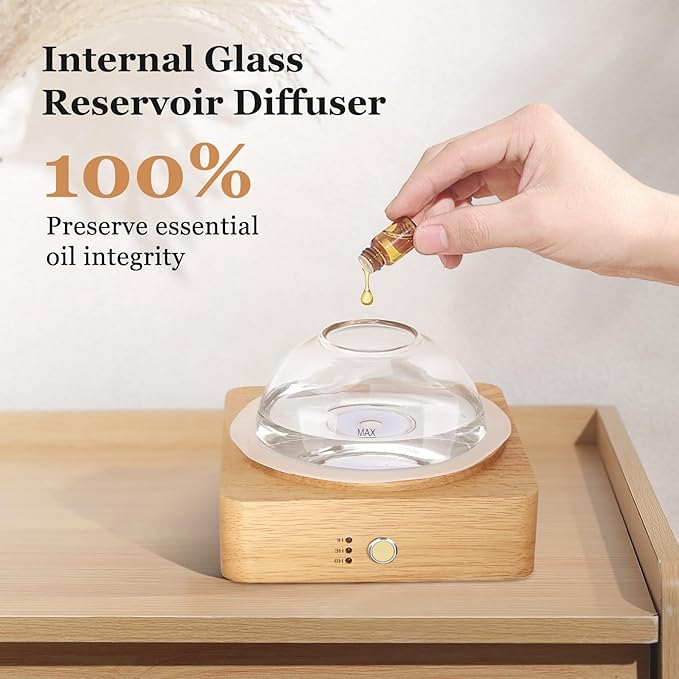 Glass Essential Oil Diffuser with Glass Reservoir & WoodBase, 200ml Ultrasonic Lock Color Timer Auto-Off 7 Color Light Aroma Glass Dome Diffuser for Home Office Bedroom Yoga - Bloomnest