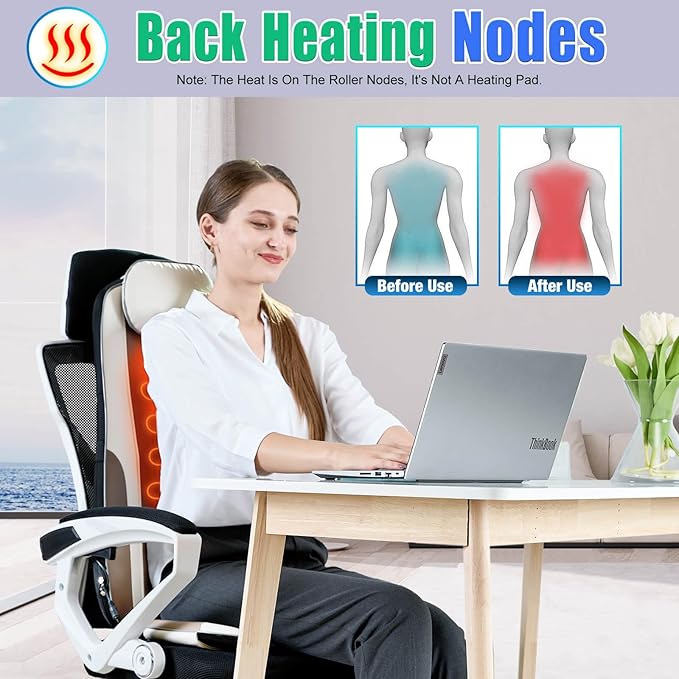 Shiatsu Back Massager with Heat, Massage Chair Pad Seat Cushion for Stress Relief, Deep Tissue Kneading & Roller, 2 Vibration Motors, Back Waist Hip Massager, PU Leather, with 2 Adapters - Bloomnest