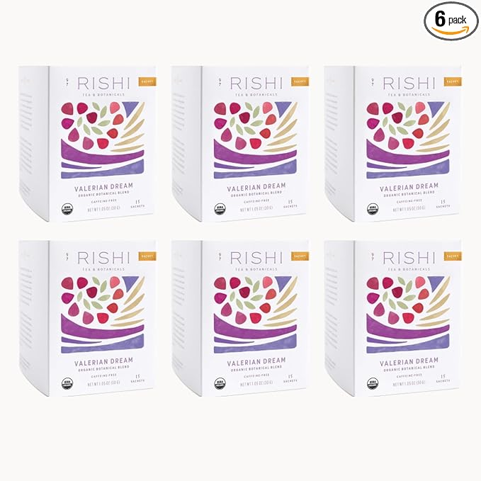 Rishi Tea Valerian Dream Herbal Tea - Organic Sachet Bags, Caffeine Free, Calming Botanical Blend with Valerian Root - 15 Count (Pack of 6) - Bloomnest