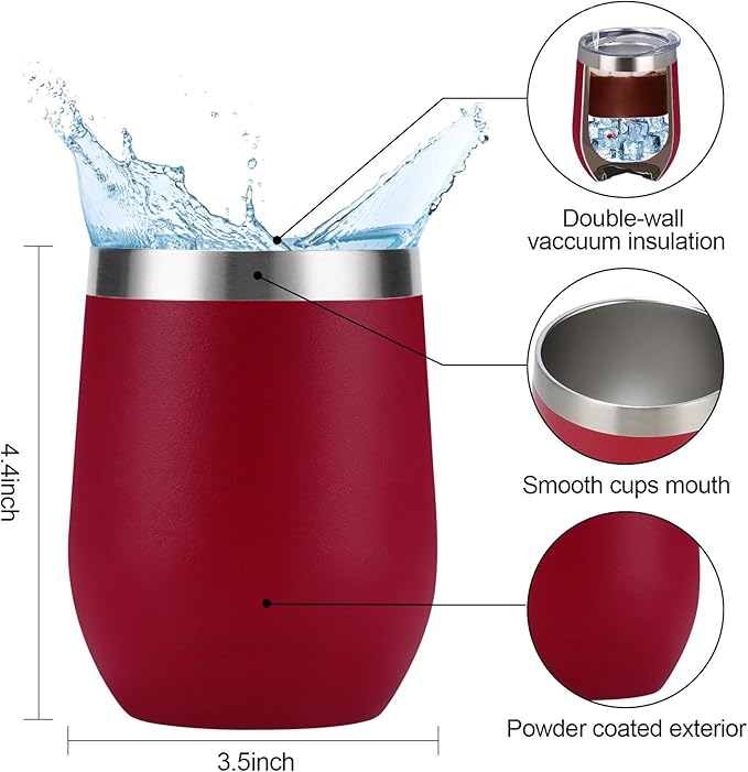 12 Pack Stainless Steel Wine Tumblers, 12Oz Double Wall Vacuum Insulated Wine Tumblers with Lids and Straws, Stainless Steel Stemless Wine Glasses for Coffee, Wine, Cocktails, Champaign, Wine Red… - Bloomnest