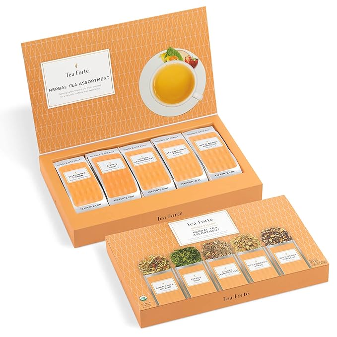 Tea Forte Herbal Tea Assortment Single Steeps Loose Leaf Premium Tea Gift Set Sampler, 15 Count 3 of Each Assorted Blends, Pre-Portioned Single Serve Pouches, Steeps 12 oz - Bloomnest