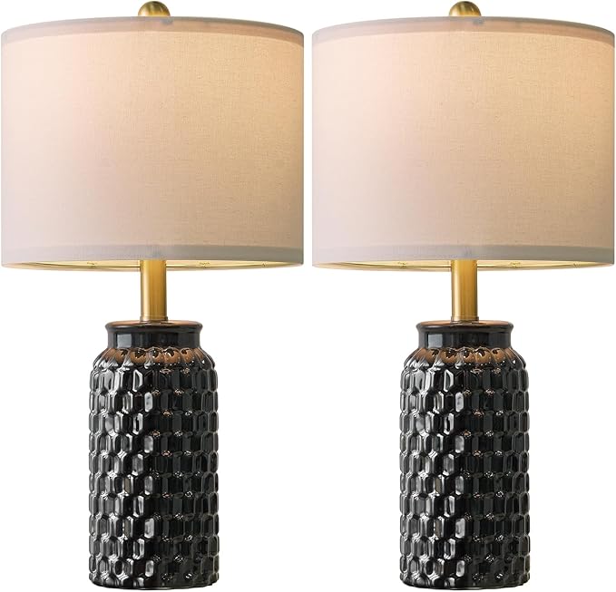 20.5" Black Modern Ceramic Bedside Lamp Set of 2 for Bedroom Decor Farmhouse Table Lamp for Living Room Office Dorm - Bloomnest