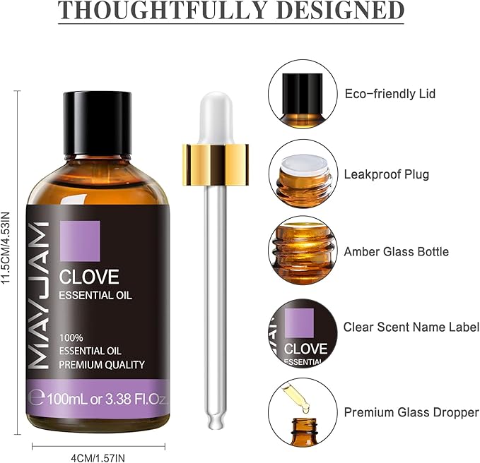 Clove Essential Oil, 3.38FL.OZ Pure Essential Oils by MAYJAM, Large Volume Clove Oil, Perfect for Aromatherapy Diffuser, Great for DIY Candle and Soap Making - Bloomnest