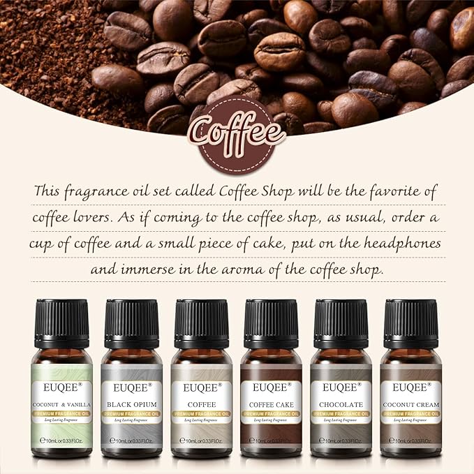 EUQEE 6PCS Coffee Fragrance Oil Set(10ml), Premium Fragrance Essential Oils Set for Candle Making, Diffuser-Coffee, Chocolate, Cake, Coconut Cream, Coconut & Vanilla EUQEE