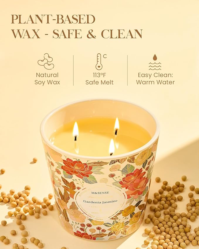 M&SENSE Gardenia Jasmine Scented Candle, 28.2oz 3 Wick Natural Soy Wax Large Candles, Long Lasting Clean Slow Clean Burning No Toxic Décor for Home Relaxation, Romantic Dates & Gift-Giving - Bloomnest
