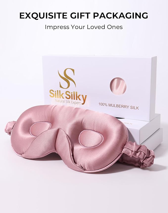 SilkSilky 100% 22 Momme Mulberry Silk Sleep Mask – Upgraded 3D Contoured Eye Mask with Nose Wing Pads & Adjustable Strap, Luxury Blackout Eye Cover for Women & Men (Pale Mauve) - Bloomnest
