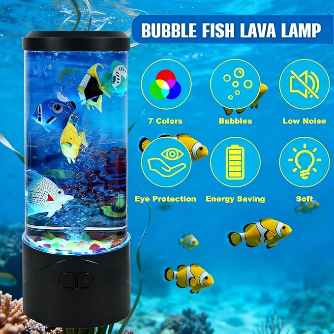 Toycol Bubble Fish Lamp,Artificial Aquarium Lamp with 7-Color Changing,Sensory Bubble Tube Light with 6 Fake Fish Moving,Mood Night Light,Great Gift for Kids & Adults,Decor for Home Office Bedroom - Bloomnest