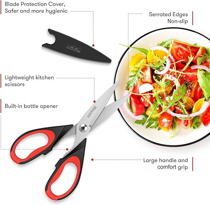 iBayam 3-Pack 8.5"Kitchen Scissors All Purpose Heavy Duty with Protective Sheath, Soft Grip Comfort Handle, Dishwasher Safe Kitchen Utensils Gadgets Set, Stainless Cooking Meat Poultry Food Shears - Bloomnest