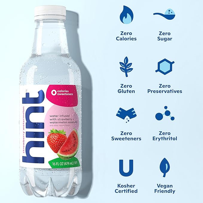 Hint Fruit-Infused Bottled Water, Strawberry Watermelon - Sugar Free Flavored Water with Zero Calories, Naturally Flavored, and No Artificial Sweeteners - 16 Fl Oz (Pack of 12) - Bloomnest