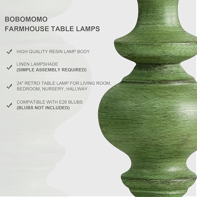 BOBOMOMO 24" Farmhouse Table Lamps Set of 2 – Sage Green Bedside Lamps with Linen Shades, Medium Traditional Lamps for Living Room, Bedroom, and Entryway, Vintage Lamp with Soft Natural Serenity - Bloomnest