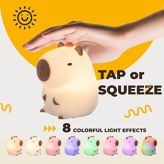 LED Squishy Animal Night Light - 2 Level Dimmable Nursery Lamp for Kids, Rechargeable Touch Lamp, Cute Dorm Decor - Perfect Baby Boys Girls Gift (Kapibala) - Bloomnest
