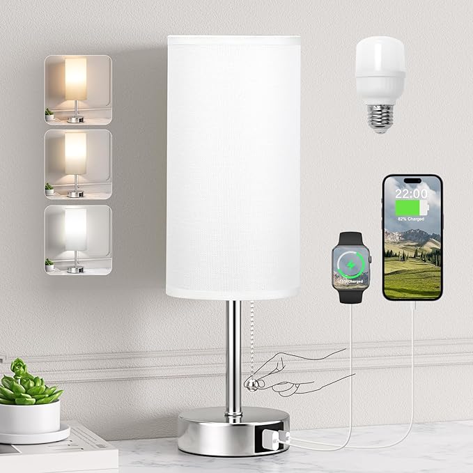 White Table Lamp for Bedroom Nightstand - Small Lamp with USB A + C Charging Port, 3 Color Temperatures Pull Chain Night Stand Light, Silver Base Desk Reading Lamp for Living Room - Bloomnest