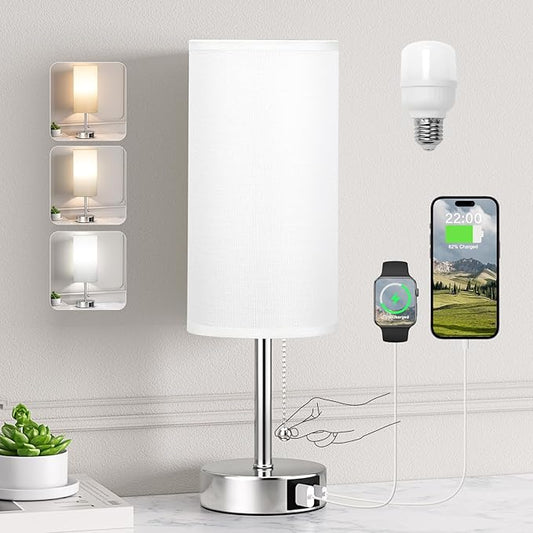 White Table Lamp for Bedroom Nightstand - Small Lamp with USB A + C Charging Port, 3 Color Temperatures Pull Chain Night Stand Light, Silver Base Desk Reading Lamp for Living Room - Bloomnest