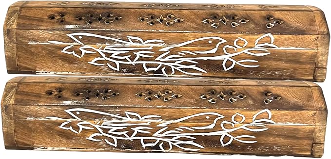 2 Pack Wooden Coffin Incense Sticks Burner - 12 Inches Carved - Storage Compartment (Carved Bird on Branch) - Bloomnest