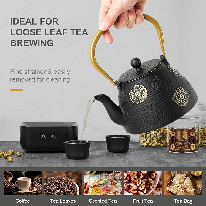 Ufine Cast Iron Teapot with Infuser for Loose Leaf Tea Japanese Style Tea Kettle for Stove Top, Enameled Interior Sakura Design (Black,40oz/1200ml) - Bloomnest