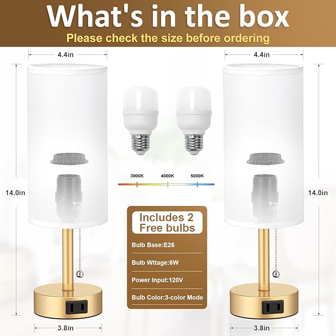 Fenmzee Gold Bedside Table Lamps Set of 2-3 Color Temperatures Pull Chain Lamp with AC Outlet Charging Port, Two Round Night Stand Lamps for Bedroom Office Living Room - Bloomnest