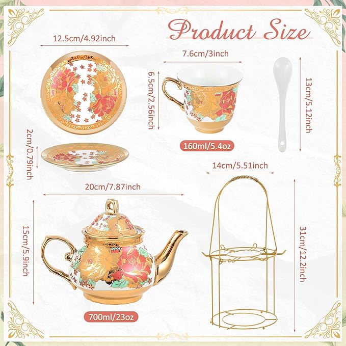 Zhehao 20 Pcs Porcelain Tea Set with Metal Holder and Spoon Adult Ceramic Tea Set European Flower Painting Teapot Cup Saucer Spoon for Women, Large Version(Stylish Style) - Bloomnest