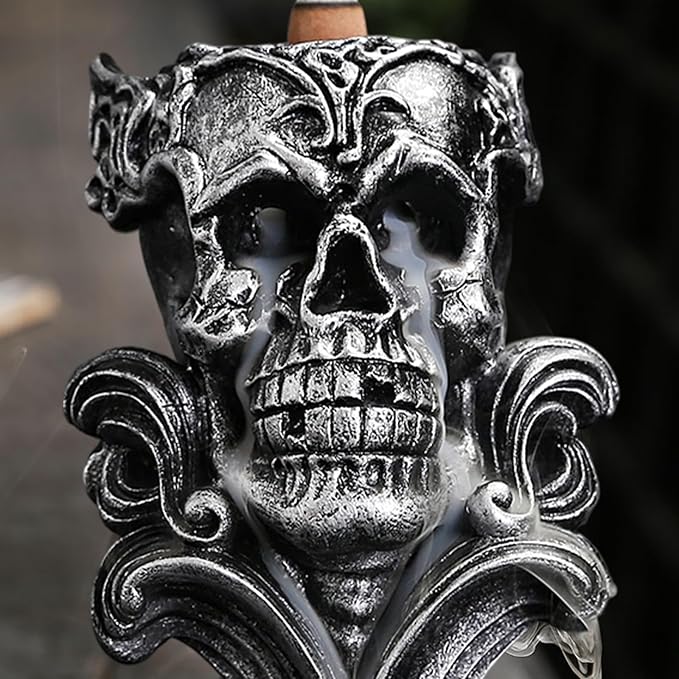 Comeon Backflow Incense Holder Burner Resin Skull Incense Burner Waterfall Incense Burner Home Decor + 20 Backflow Incense Cones + 30 Incense Sticks +1 Tweezer +1 Mat（Metallic Silver） - Bloomnest